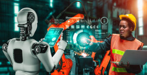 Mechanized Industry Robot And Human Worker Working Together In F