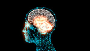 A digital visualization of a human brain in bright colors, with the brain glowing inside a wireframe head, symbolizing the power of visualization, cognitive processing, and enhanced productivity.