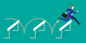 Alt text: "Illustration of a businessperson in a suit and holding a briefcase leaping over a series of hurdles. The image symbolizes overcoming obstacles and challenges, representing progress, agility, and determination in a professional setting."